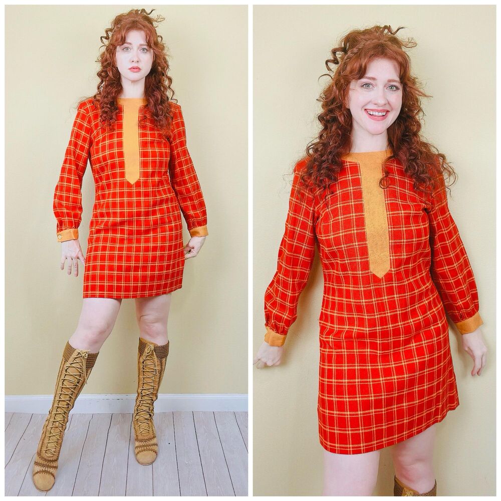 1960s Vintage Mod Linen Mini Dress / 60s Red and Yellow Plaid Gogo Medium
